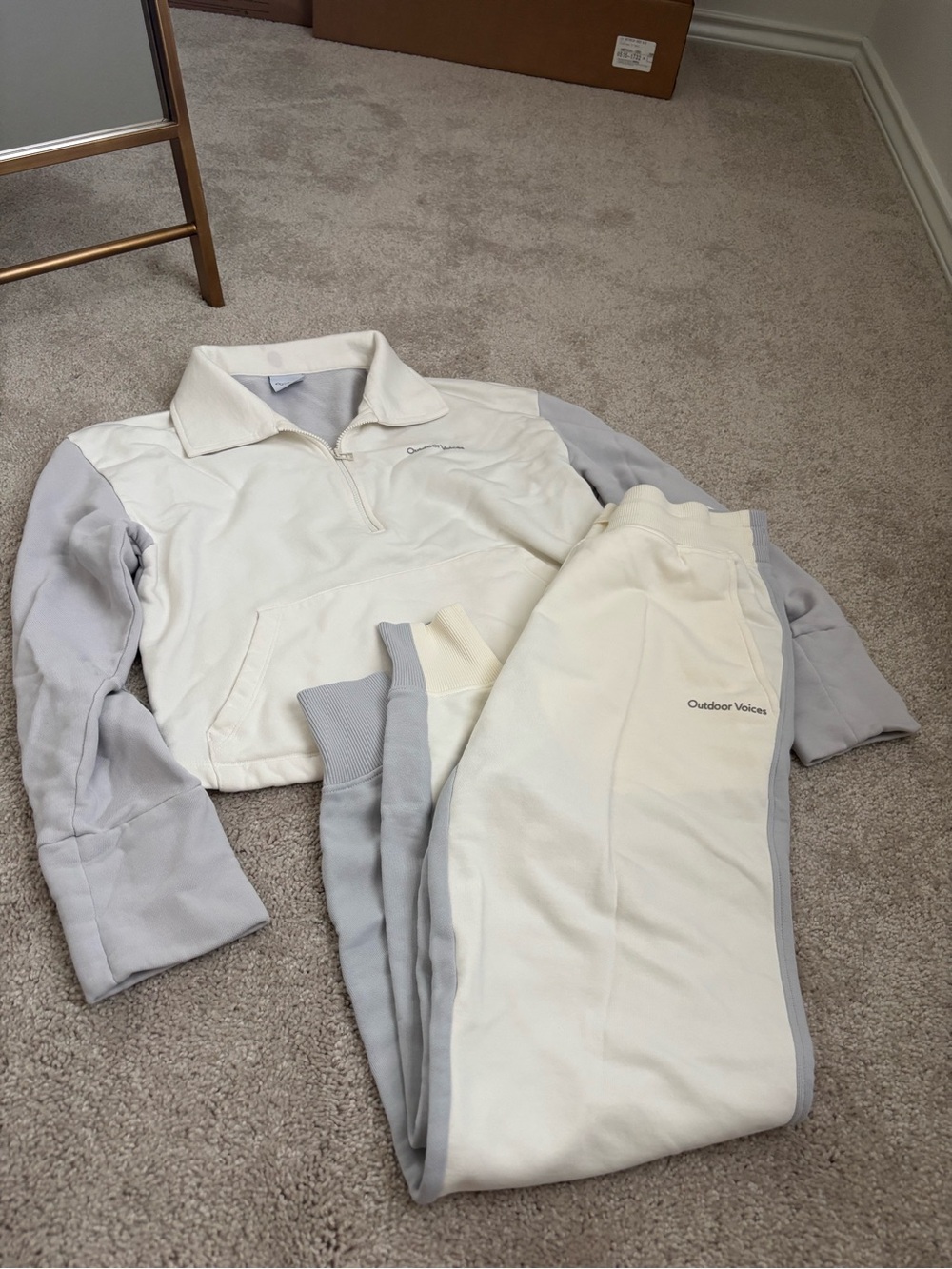 Outdoor Voices Cream and Light Gray Two-Piece Sweat Set